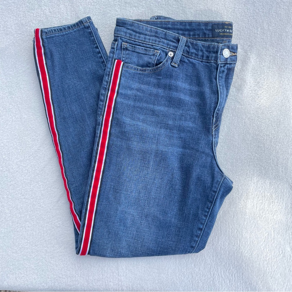 Lucky Brand Women's Ava Skinny Jeans in Blue with Red stripe Accent